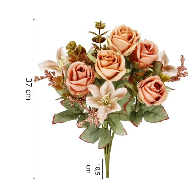 Buchet de flori artificiale din poliester, 9 fire trandafiri si crini, 37cm, roz - Image 13