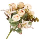 Buchet de flori artificiale din poliester, 10 fire trandafiri si crini, 37cm, crem