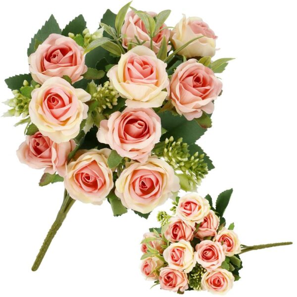 Buchet de flori artificiale din poliester, 10 fire trandafiri, 29cm, roz - Image 14