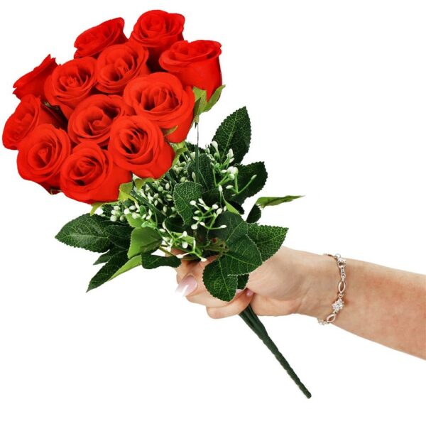 Buchet de flori artificiale din poliester, 12 fire trandafiri, 38cm, rosu - Image 14