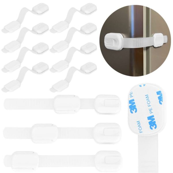 8 db fiók és ajtózár biztosíték készlet, műanyag és szilikon, állítható, 19 cm, fehér - Image 14