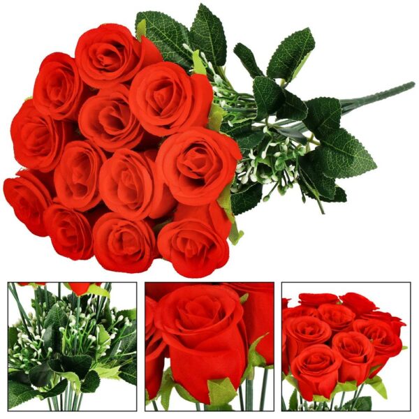 Buchet de flori artificiale din poliester, 12 fire trandafiri, 38cm, rosu - Image 15