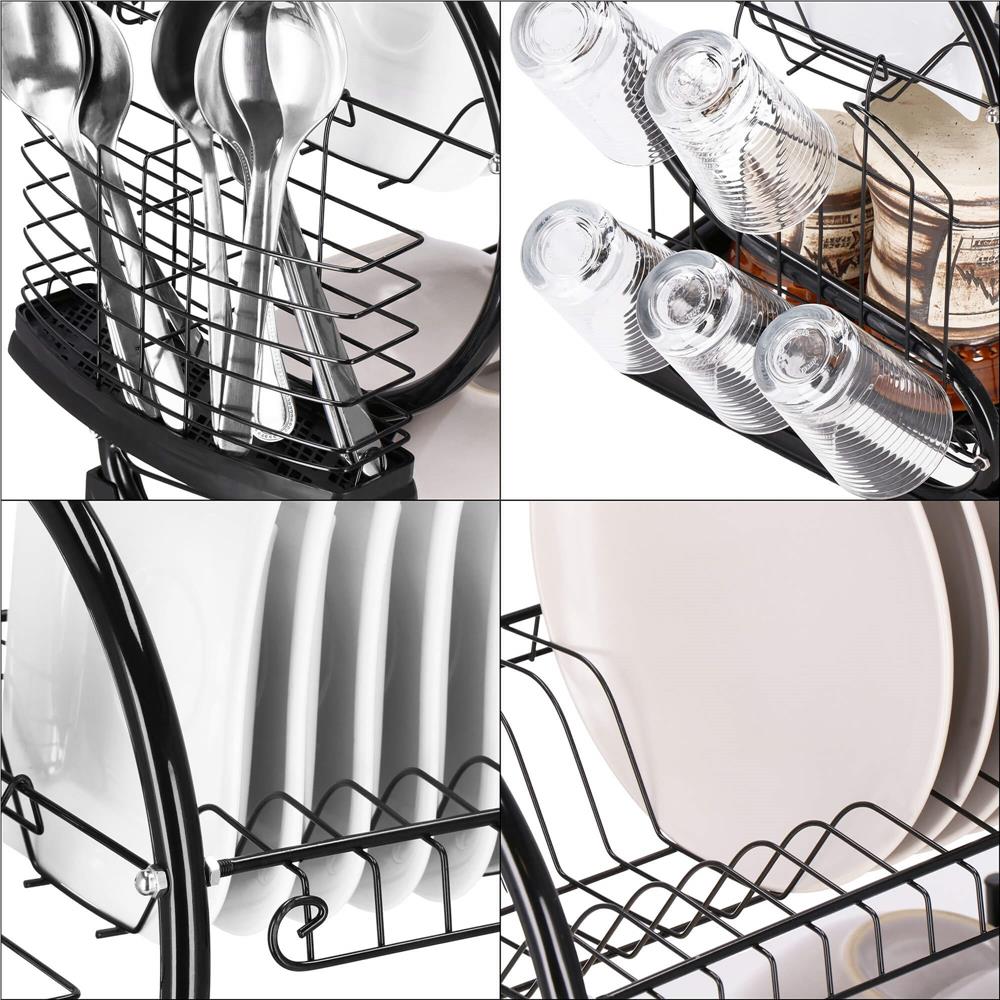 Uscator de vase cu suport pahare si tacamuri, din otel, pe 2 nivele, cu tava de scurgere, 52x25x37cm, negru - Image 18