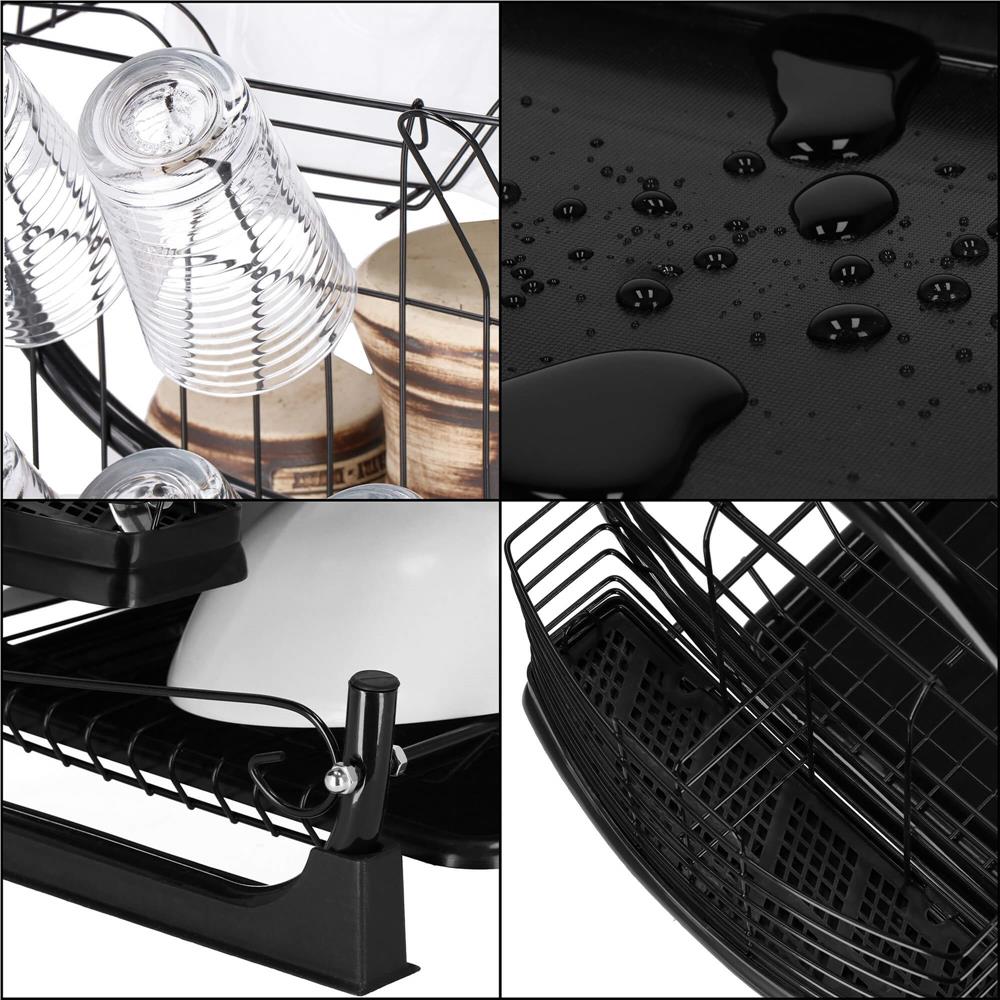 Uscator de vase cu suport pahare si tacamuri, din otel, pe 2 nivele, cu tava de scurgere, 52x25x37cm, negru - Image 19