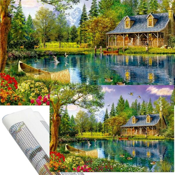 Set de broderie cu diamante 5D, 30x40cm, model Cabana langa iaz - Image 20