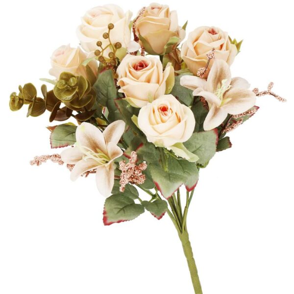 Buchet de flori artificiale din poliester, 10 fire trandafiri si crini, 37cm, crem - Image 2