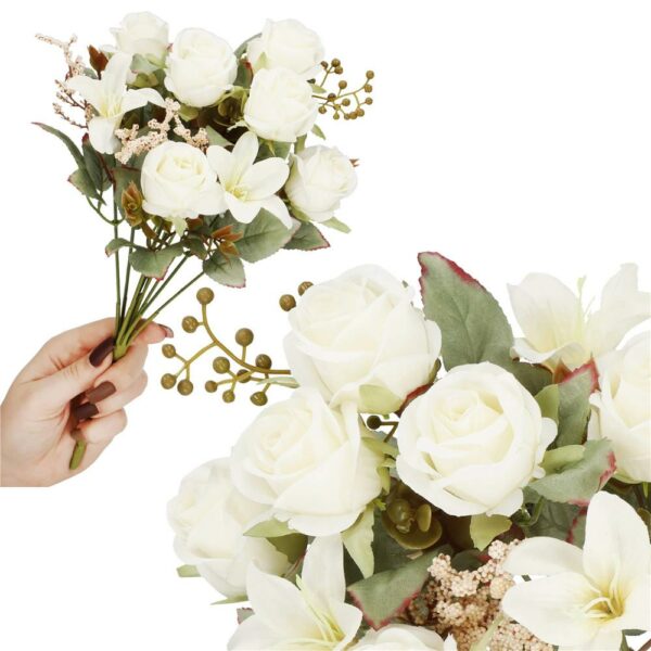 Buchet de flori artificiale din poliester, 9 fire trandafiri si crini, 37cm, alb - Image 2