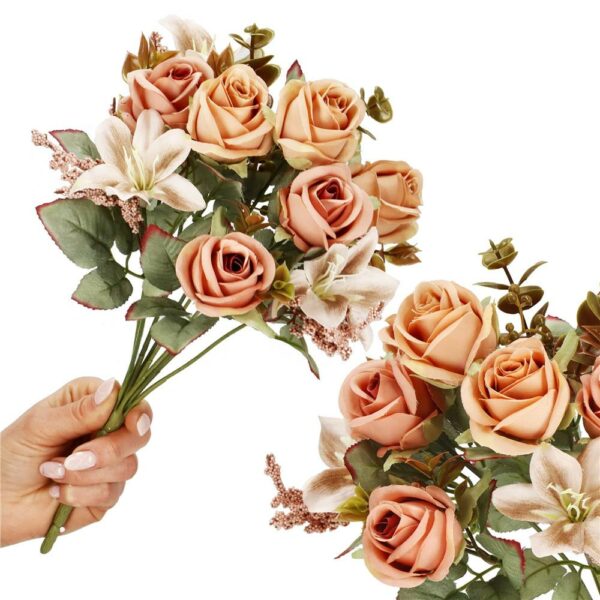 Buchet de flori artificiale din poliester, 9 fire trandafiri si crini, 37cm, roz - Image 2
