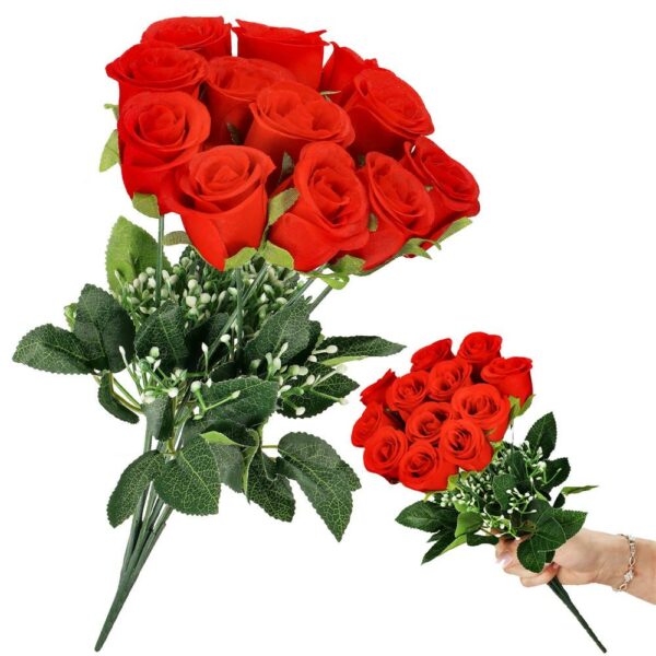 Buchet de flori artificiale din poliester, 12 fire trandafiri, 38cm, rosu - Image 3