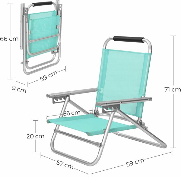 SONGMICS Scaun de plaja portabil cu spatar rabatabil in 4 pozitii, cu cotiere, maxim 150kg, verde - Image 2
