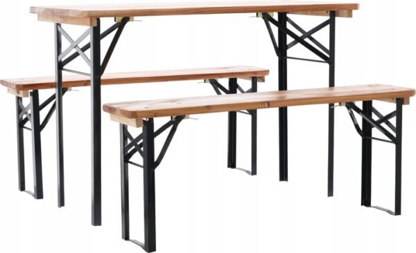 Tömör fából készült vízálló sörfőzde teraszra vagy kertre, asztallal és két paddal, 117x56cm, natúr - Image 3