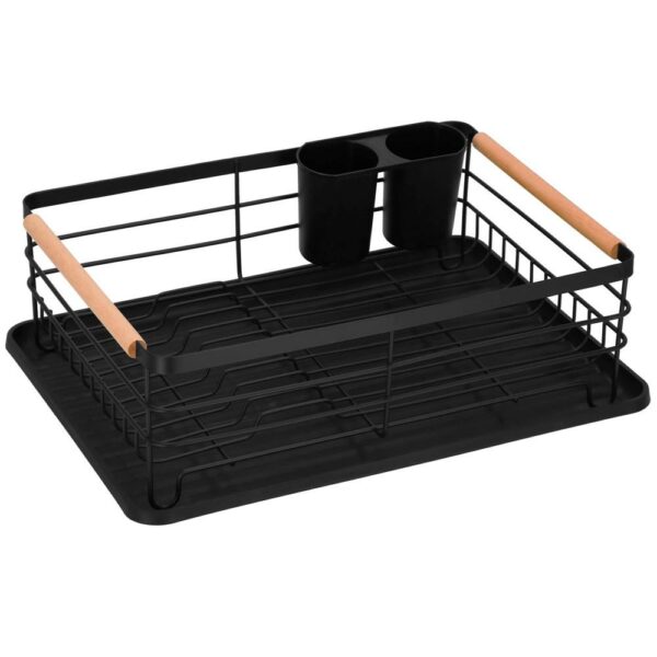 Uscator de vase cu suport tacamuri, din otel, cu tava de scurgere, manere lemn, 42x32x15cm, negru - Image 2