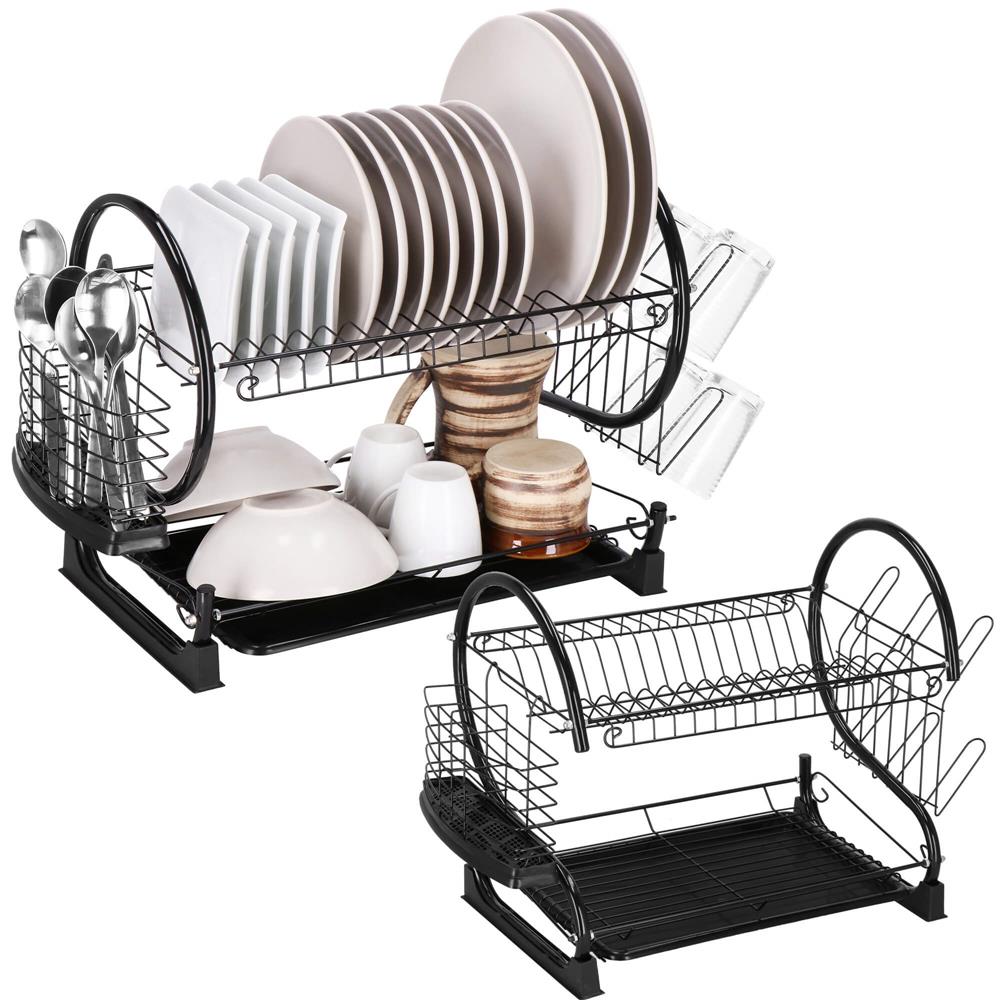 Uscator de vase cu suport pahare si tacamuri, din otel, pe 2 nivele, cu tava de scurgere, 52x25x37cm, negru - Image 3