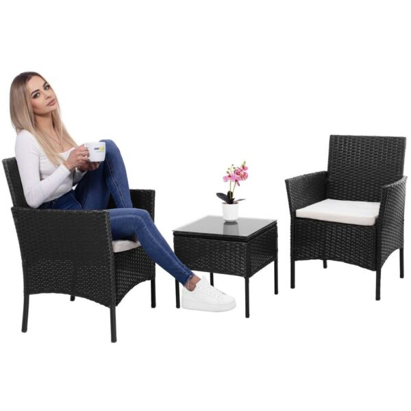 Terasz bútor készlet, technorattan, asztal biztonsági üveglappal, 2 fotel párnákkal, fekete - Image 4