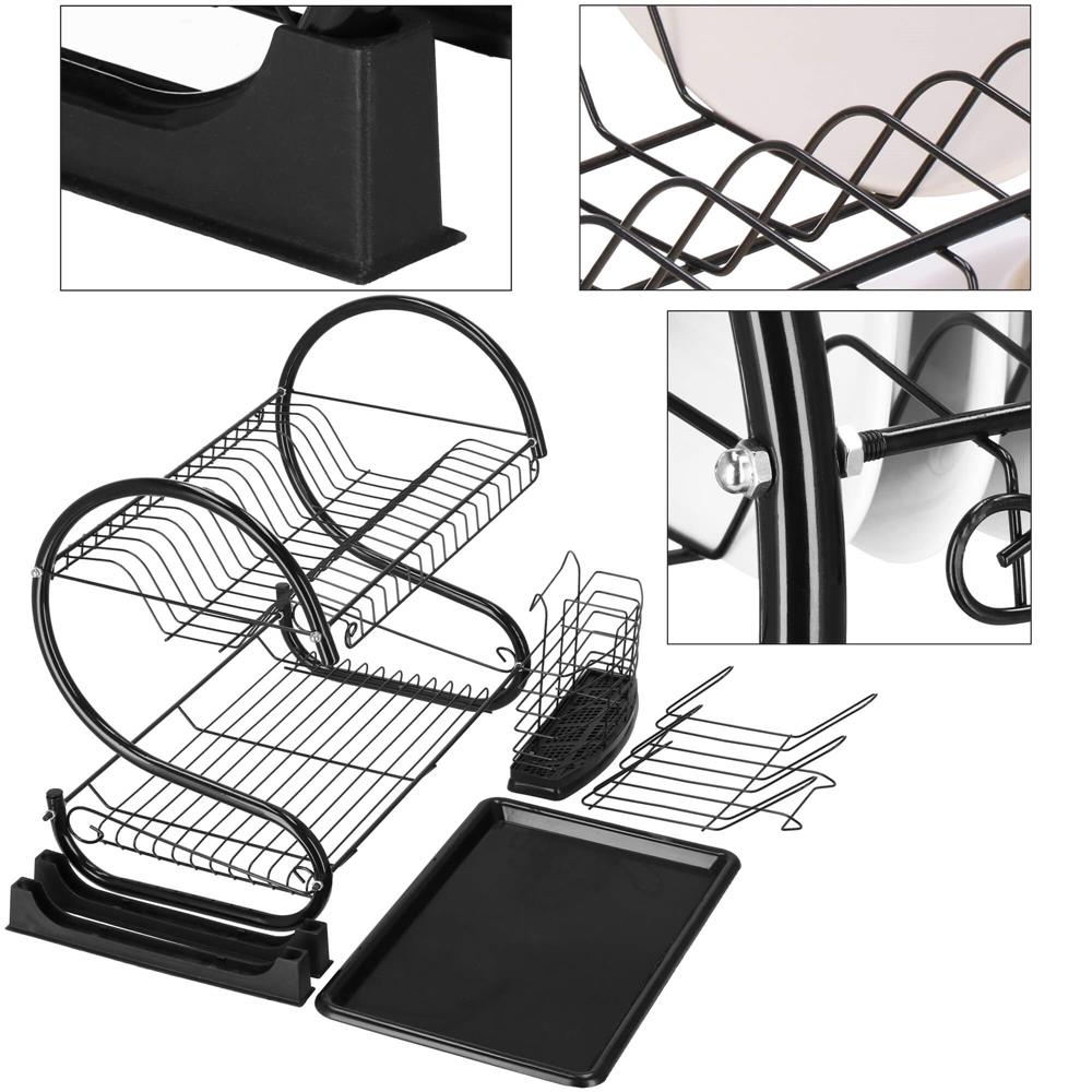 Uscator de vase cu suport pahare si tacamuri, din otel, pe 2 nivele, cu tava de scurgere, 52x25x37cm, negru - Image 20