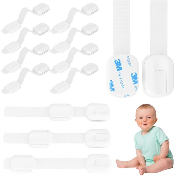 8 db fiók és ajtózár biztosíték készlet, műanyag és szilikon, állítható, 19 cm, fehér - Image 20