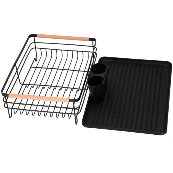Uscator de vase cu suport tacamuri, din otel, cu tava de scurgere, manere lemn, 42x32x15cm, negru - Image 21