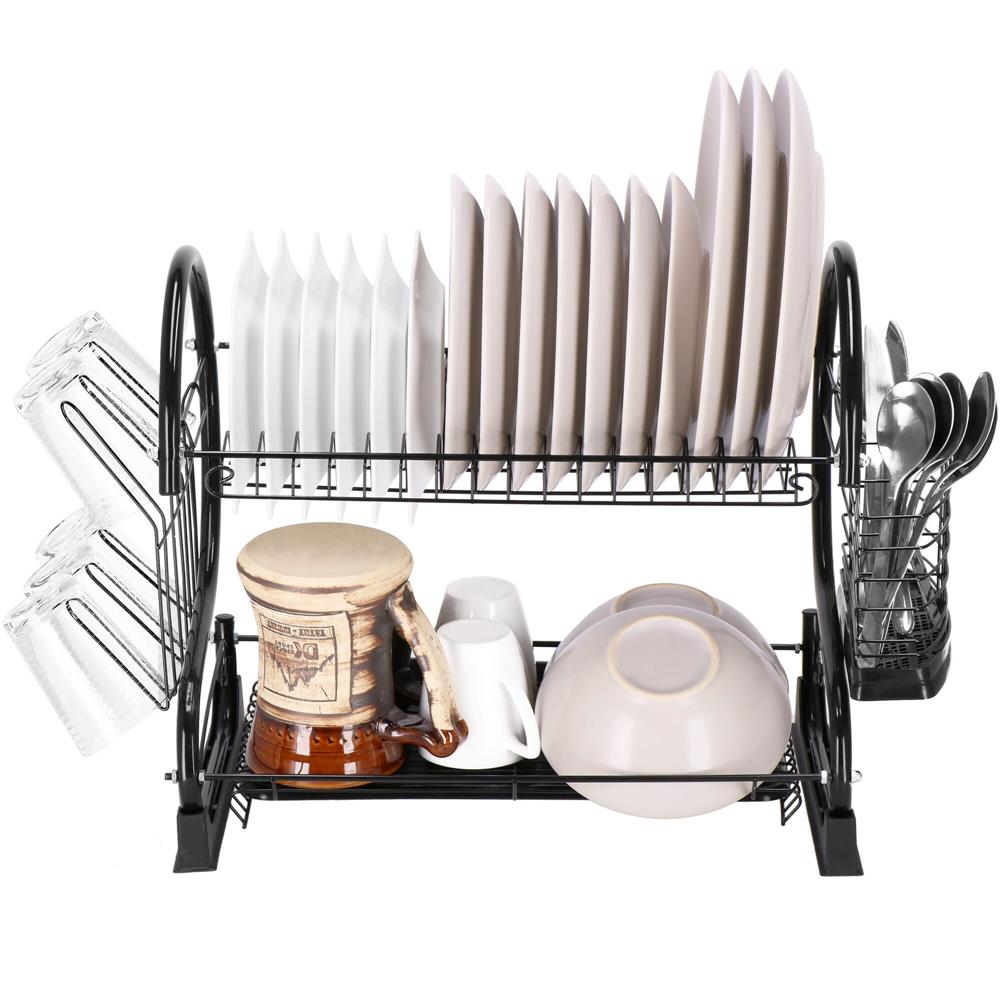 Uscator de vase cu suport pahare si tacamuri, din otel, pe 2 nivele, cu tava de scurgere, 52x25x37cm, negru - Image 21