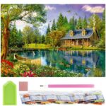 Set de broderie cu diamante 5D, 30x40cm, model Cabana langa iaz