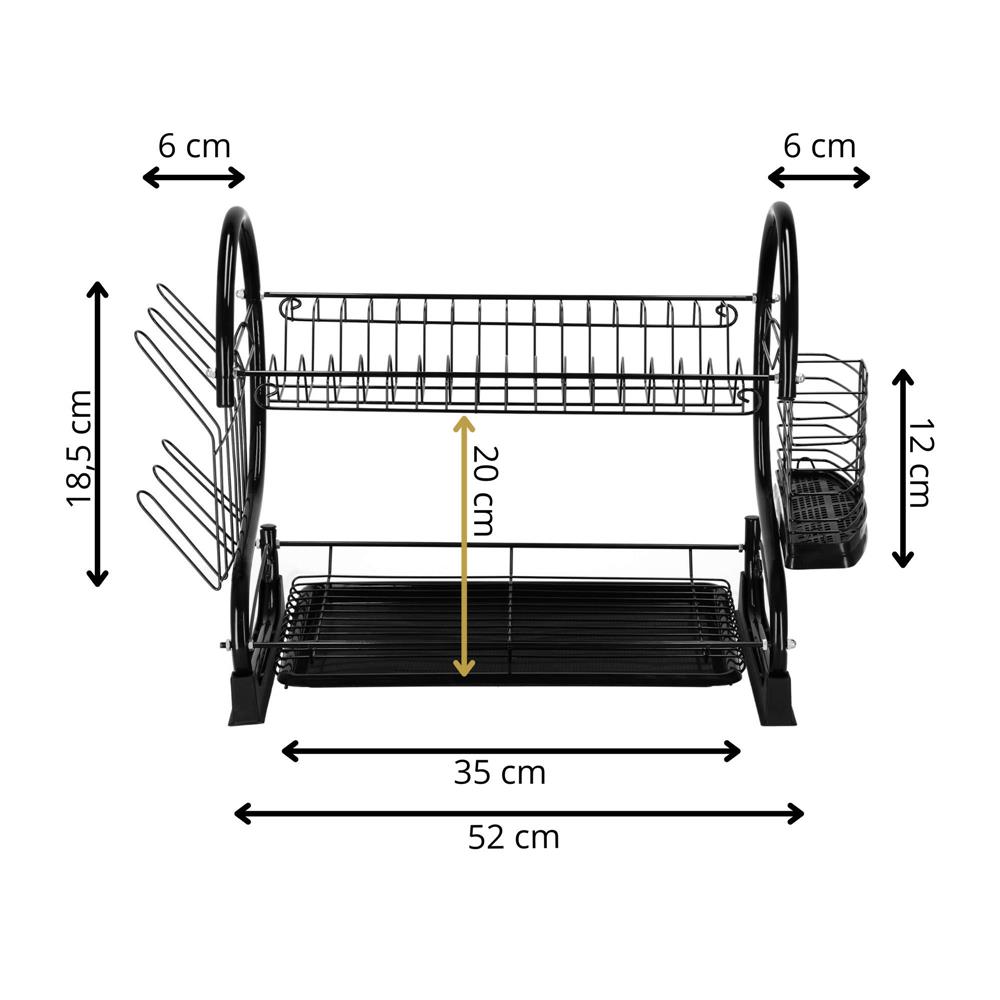Uscator de vase cu suport pahare si tacamuri, din otel, pe 2 nivele, cu tava de scurgere, 52x25x37cm, negru - Image 23