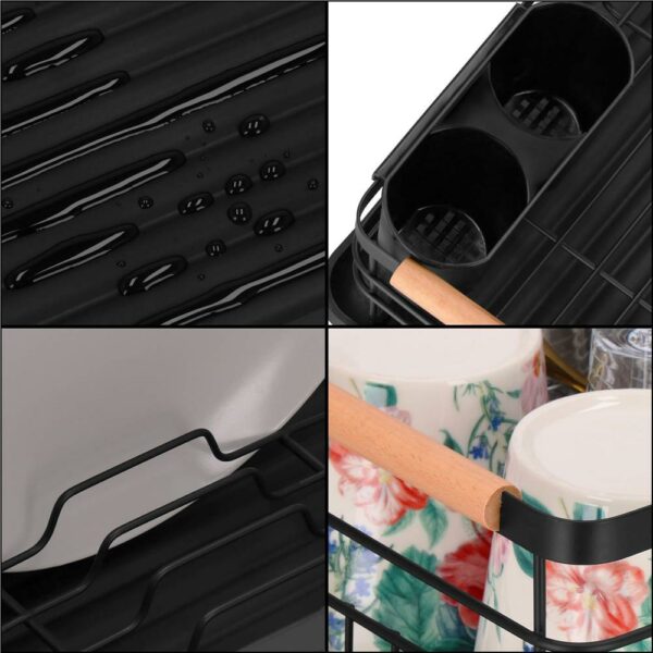 Uscator de vase cu suport tacamuri, din otel, cu tava de scurgere, manere lemn, 42x32x15cm, negru - Image 26