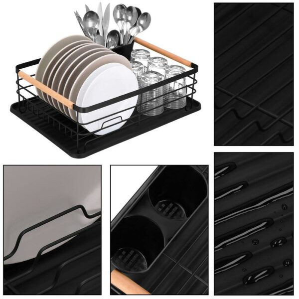 Uscator de vase cu suport tacamuri, din otel, cu tava de scurgere, manere lemn, 42x32x15cm, negru - Image 27
