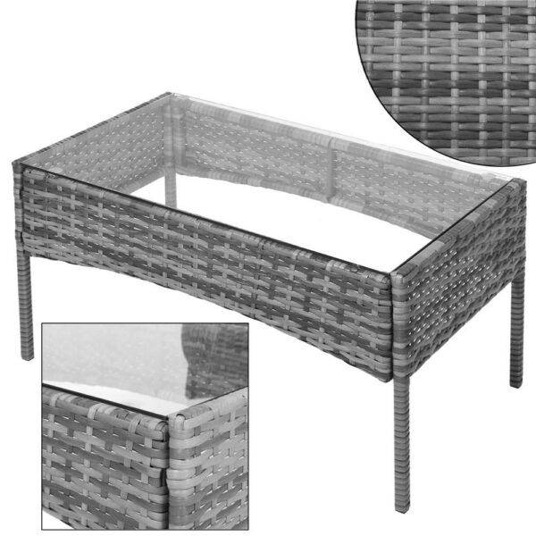 Terasz bútorkészlet, techno rattanból, asztal biztonsági üveglappal, 2 fotel és 1 kanapé párnákkal, szürke - Image 28