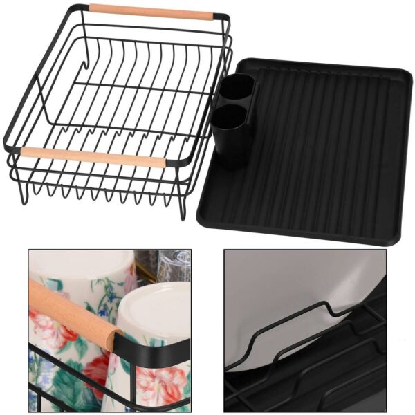 Uscator de vase cu suport tacamuri, din otel, cu tava de scurgere, manere lemn, 42x32x15cm, negru - Image 28