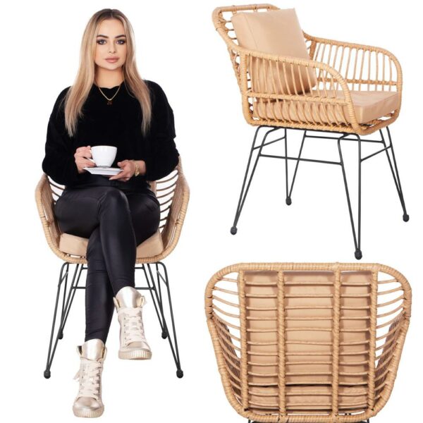 Terasz bútor garnitúra, rattan, asztal biztonsági üveglappal, 2 fotel párnákkal, barna - Image 27