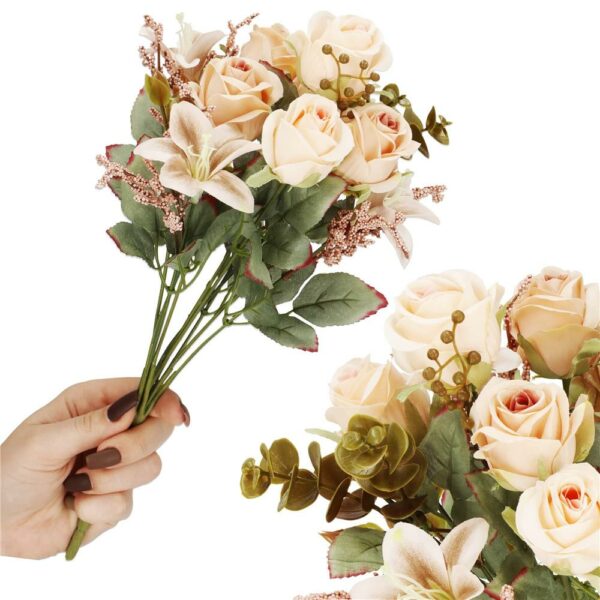 Buchet de flori artificiale din poliester, 10 fire trandafiri si crini, 37cm, crem - Image 3