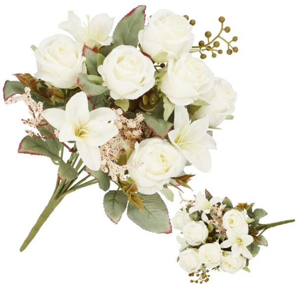 Buchet de flori artificiale din poliester, 9 fire trandafiri si crini, 37cm, alb - Image 3