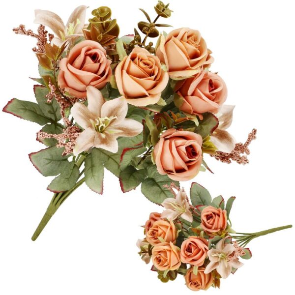 Buchet de flori artificiale din poliester, 9 fire trandafiri si crini, 37cm, roz - Image 3