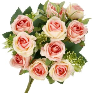 Buchet de flori artificiale din poliester, 10 fire trandafiri, 29cm, roz