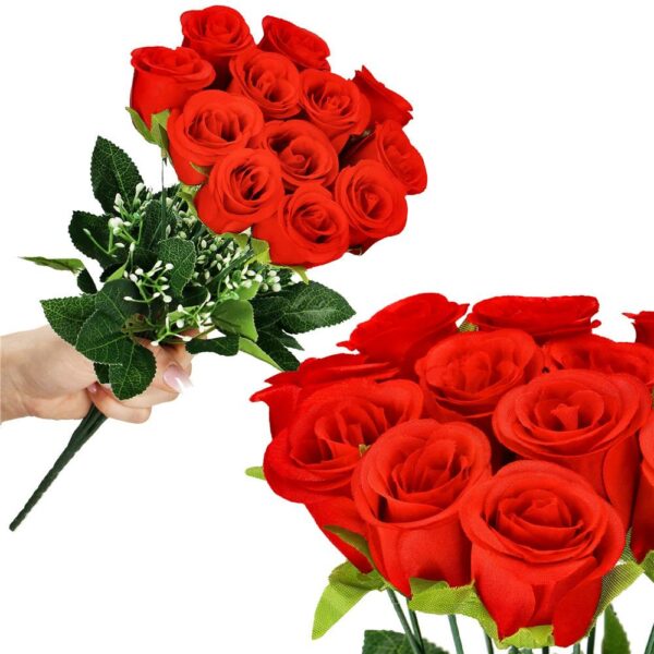 Buchet de flori artificiale din poliester, 12 fire trandafiri, 38cm, rosu - Image 4