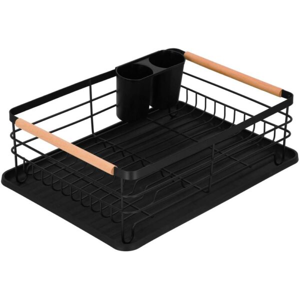 Uscator de vase cu suport tacamuri, din otel, cu tava de scurgere, manere lemn, 42x32x15cm, negru - Image 3