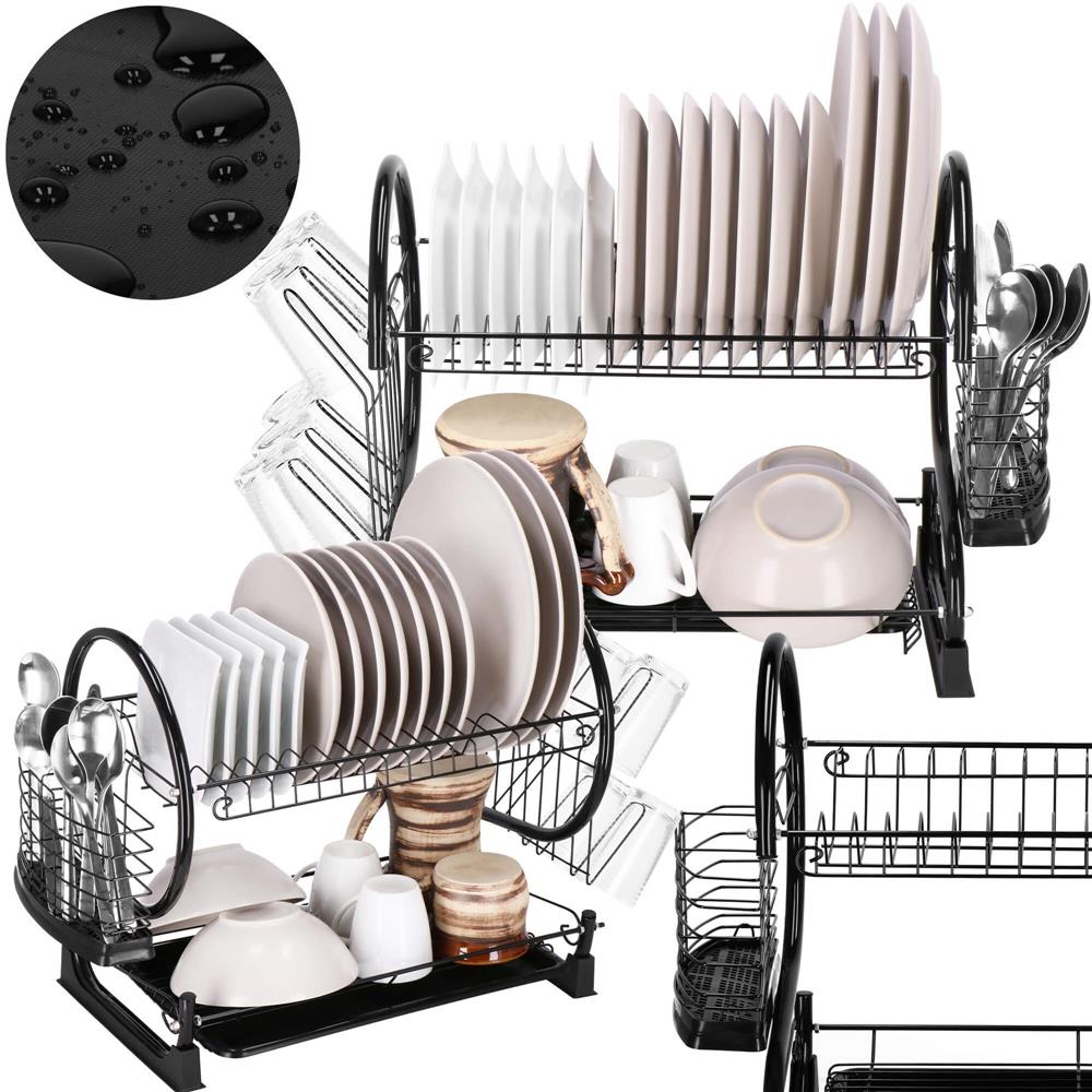 Uscator de vase cu suport pahare si tacamuri, din otel, pe 2 nivele, cu tava de scurgere, 52x25x37cm, negru - Image 4