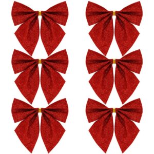 6 db-os karácsonyfadísz készlet, masni, 8cm, piros, csillámos