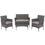 Terasz bútorkészlet, techno rattanból, asztal biztonsági üveglappal, 2 fotel és 1 kanapé párnákkal, szürke