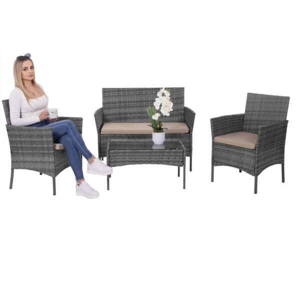 Terasz bútorkészlet, techno rattanból, asztal biztonsági üveglappal, 2 fotel és 1 kanapé párnákkal, szürke - Image 35