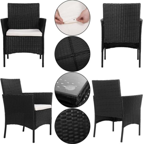 Terasz bútor készlet, technorattan, asztal biztonsági üveglappal, 2 fotel párnákkal, fekete - Image 34
