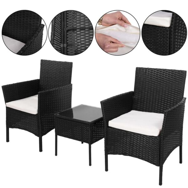Terasz bútor készlet, technorattan, asztal biztonsági üveglappal, 2 fotel párnákkal, fekete - Image 36