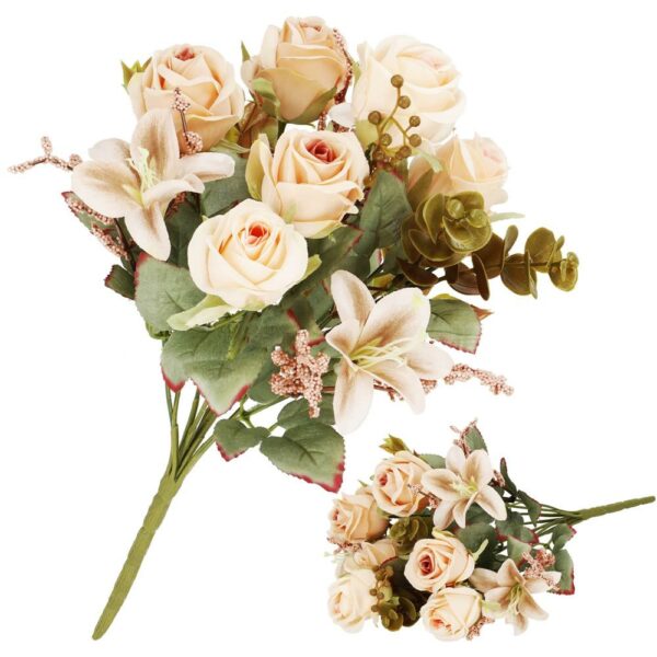 Buchet de flori artificiale din poliester, 10 fire trandafiri si crini, 37cm, crem - Image 4