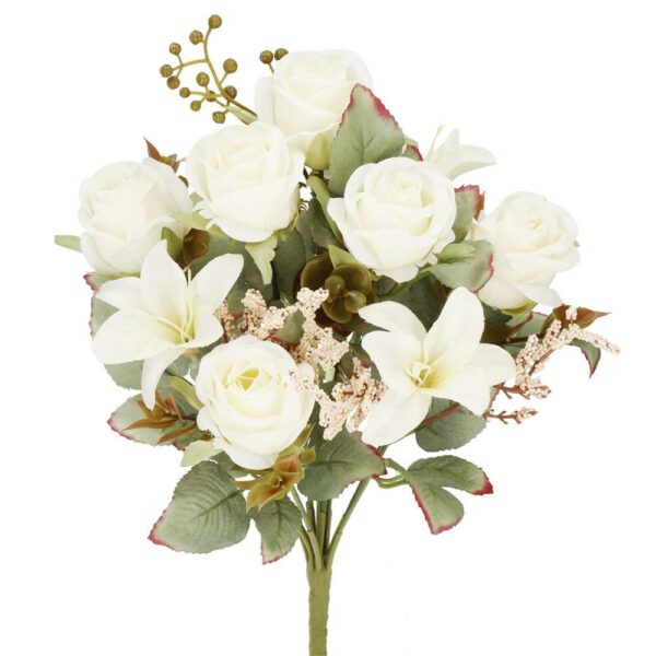 Buchet de flori artificiale din poliester, 9 fire trandafiri si crini, 37cm, alb - Image 4