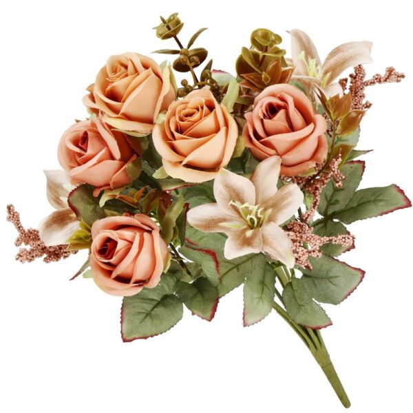 Buchet de flori artificiale din poliester, 9 fire trandafiri si crini, 37cm, roz - Image 4