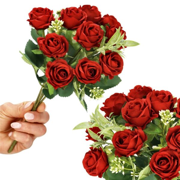 Buchet de flori artificiale din poliester, 10 fire trandafiri, 30cm, rosu - Image 4