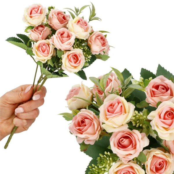 Buchet de flori artificiale din poliester, 10 fire trandafiri, 29cm, roz - Image 4