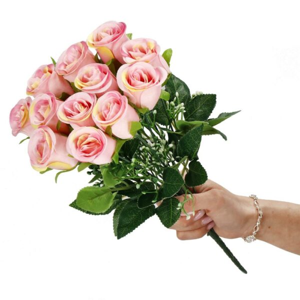 Mű poliészter virágcsokor, 12 rózsa, 38cm, rózsaszín - Image 5