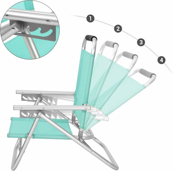 SONGMICS Scaun de plaja portabil cu spatar rabatabil in 4 pozitii, cu cotiere, maxim 150kg, verde - Image 4