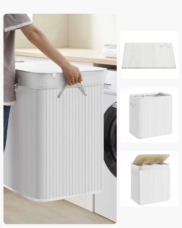 ÚJRACSOMAGOLT TERMÉK: SONGMICS Bambusz szennyeskosár, összecsukható, kivehető mosható béléssel, 3 rekeszes, 150L, ​​60x40x62 cm, fehér - Image 9