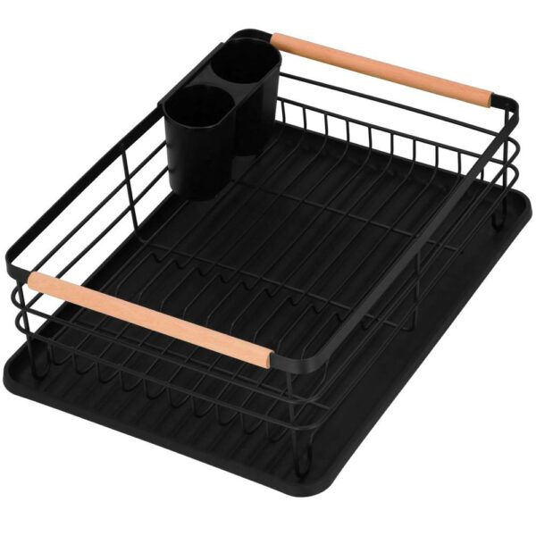 Uscator de vase cu suport tacamuri, din otel, cu tava de scurgere, manere lemn, 42x32x15cm, negru - Image 4
